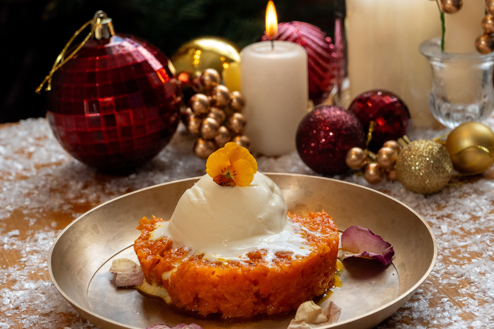 Gajarella or Warm Carrot Pudding served with Vanilla ice cream as a Festive Dessert at The Bank Chorleywood